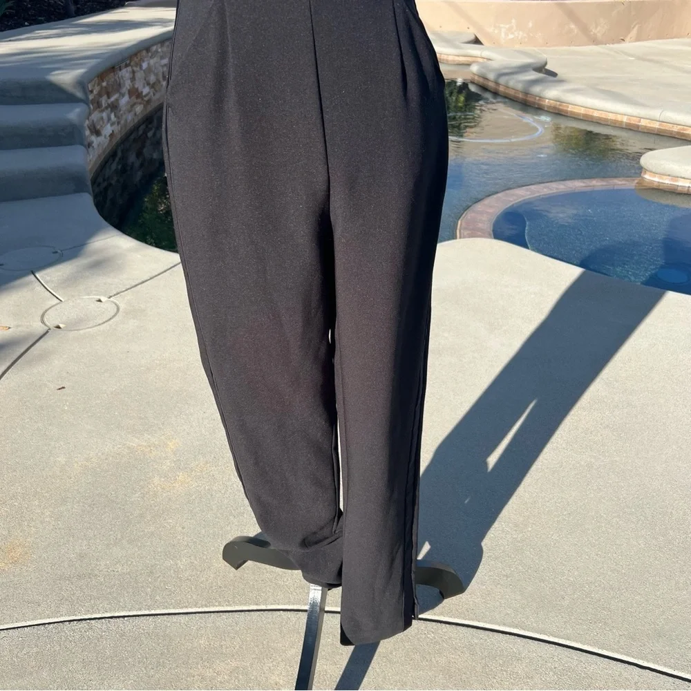 XOXO Black Tuxedo Jumpsuit Satin Lapel Sleeveless Evening Chic - Picture 8 of 17